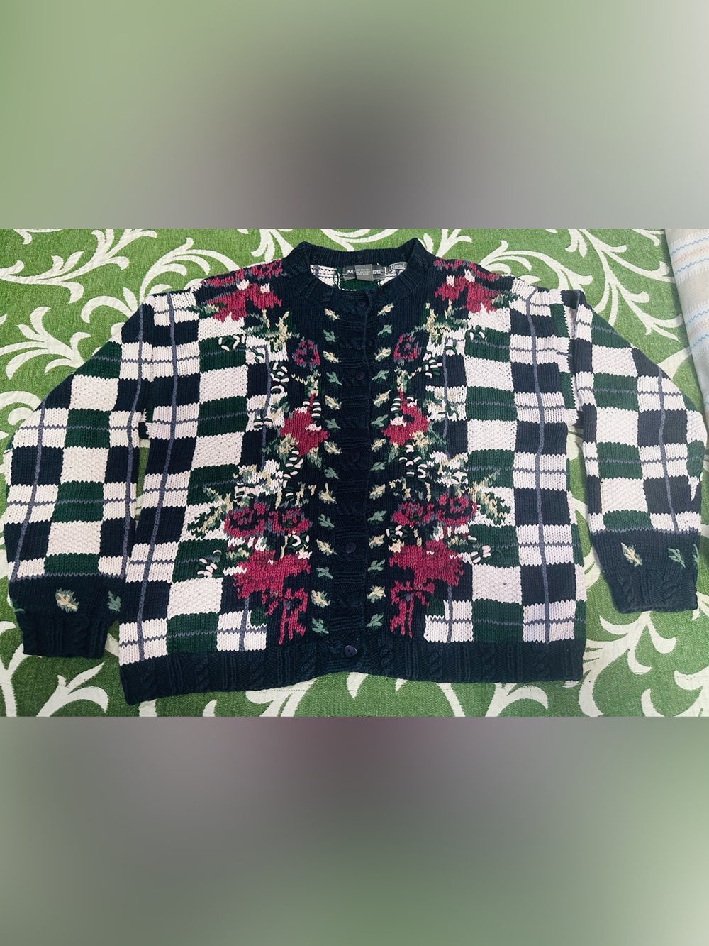 Maurices Navy, White & Green Check Floral Knit Cardigan